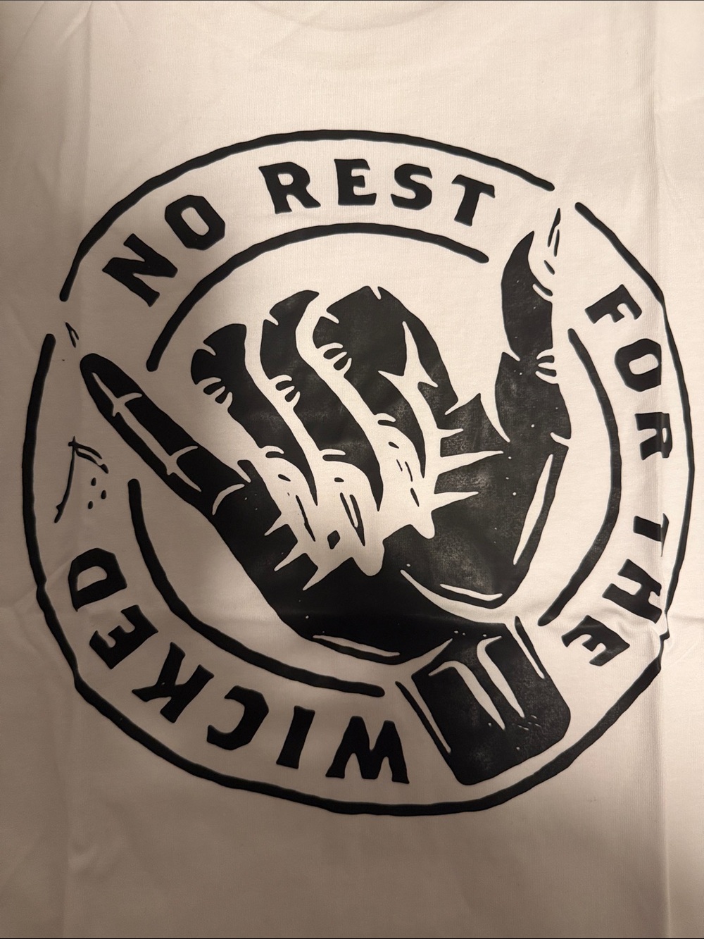 White Short Sleeve Tee with “No Rest for the Wicked” Black Graphic - Women